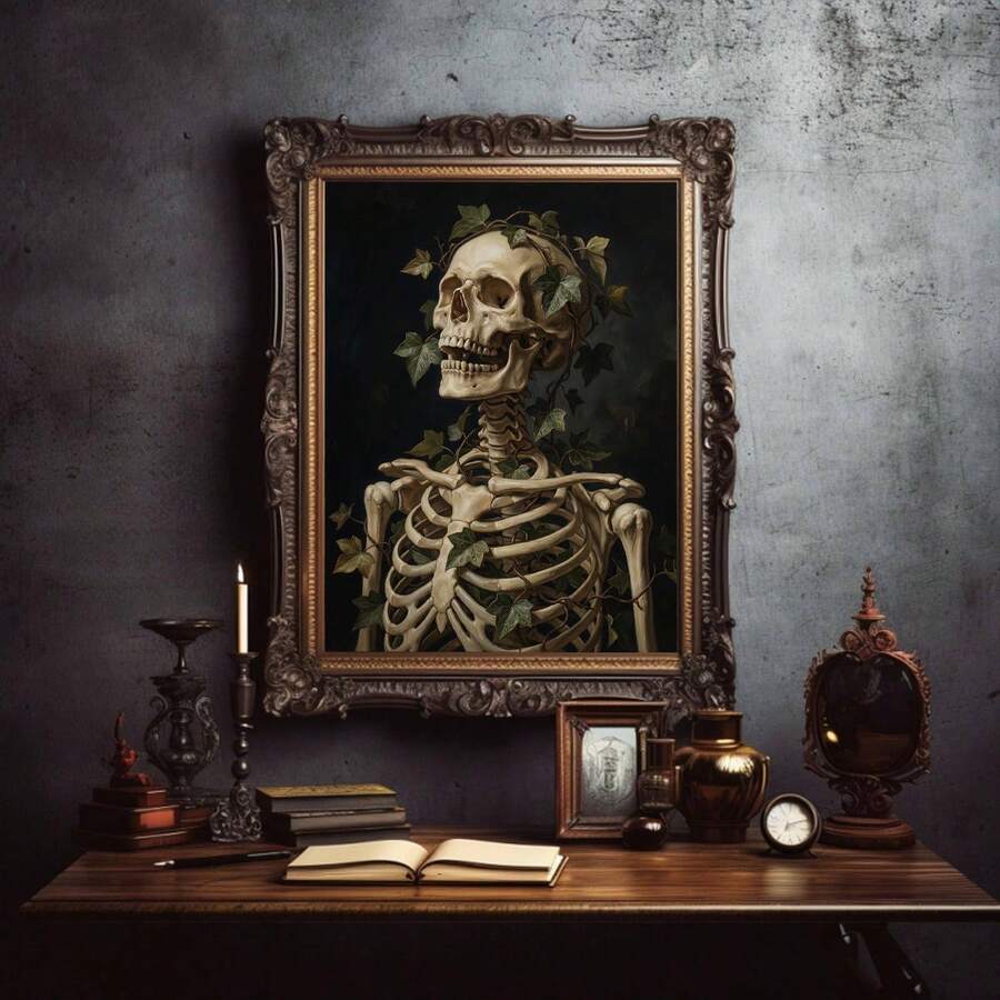 Vintage gothic skull canvas decor with ornate frame