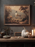 Lone witch ghost flying above muted vintage countryside landscape