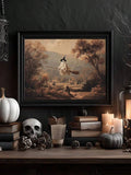 Framed flying ghost witch artwork with pumpkins skull and candles