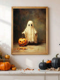 Ghost and pumpkin Halloween canvas above orange and black pumpkins