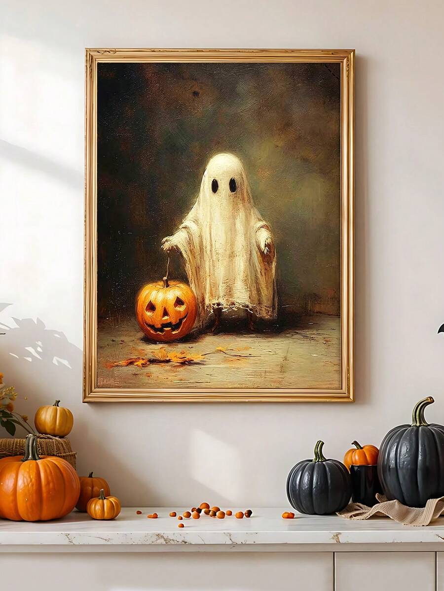 Ghost and pumpkin Halloween canvas above orange and black pumpkins