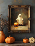 Small white ghost beside glowing jack-o-lantern in ornate gold frame
