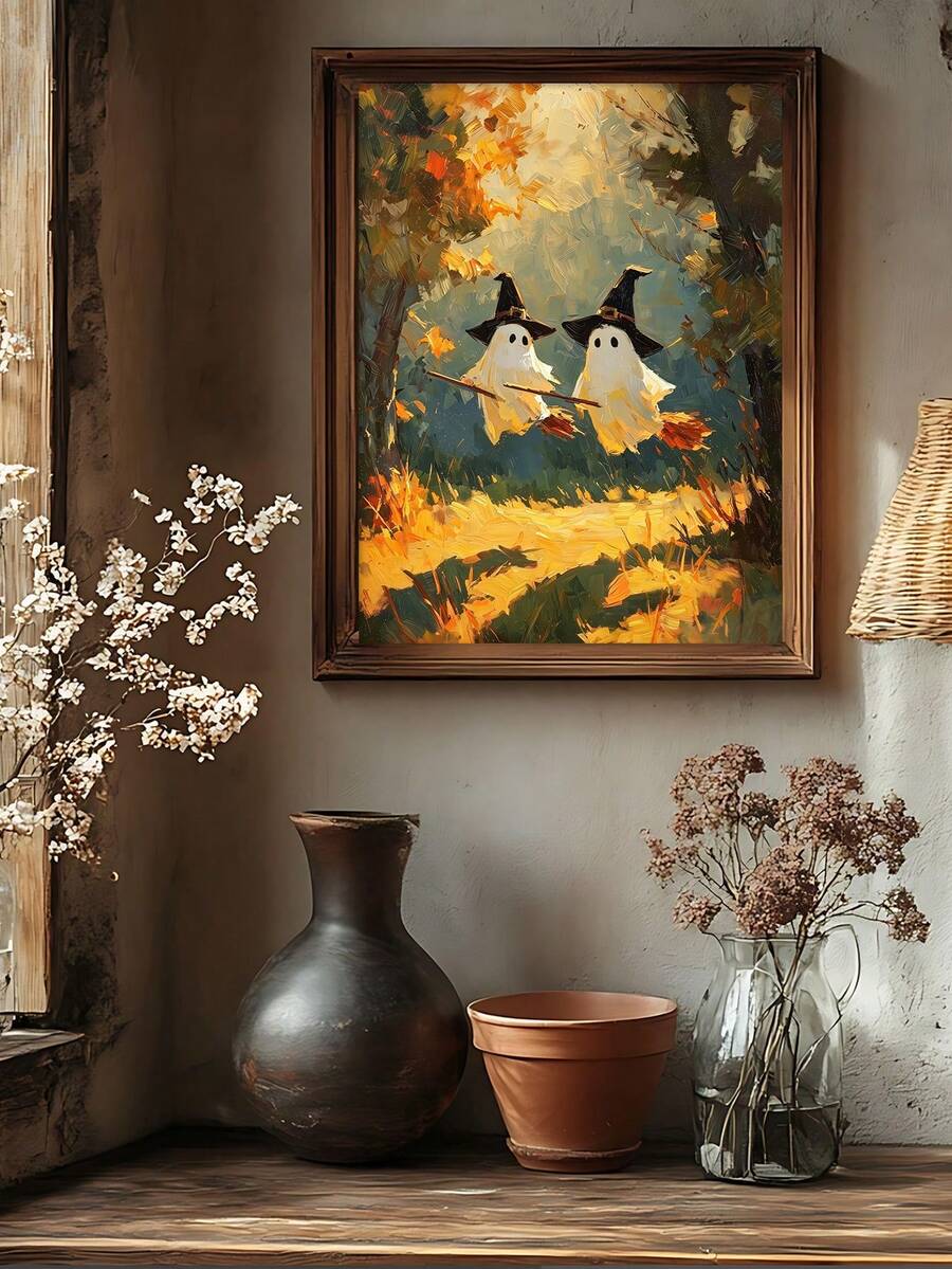 Two witch ghosts riding broomsticks through glowing autumn woodland