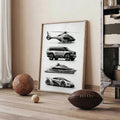 Cool Black & White Vehicle Supercar Yacht Helicopter Canvas Poster