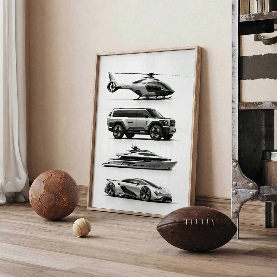 Cool Black & White Vehicle Supercar Yacht Helicopter Canvas Poster