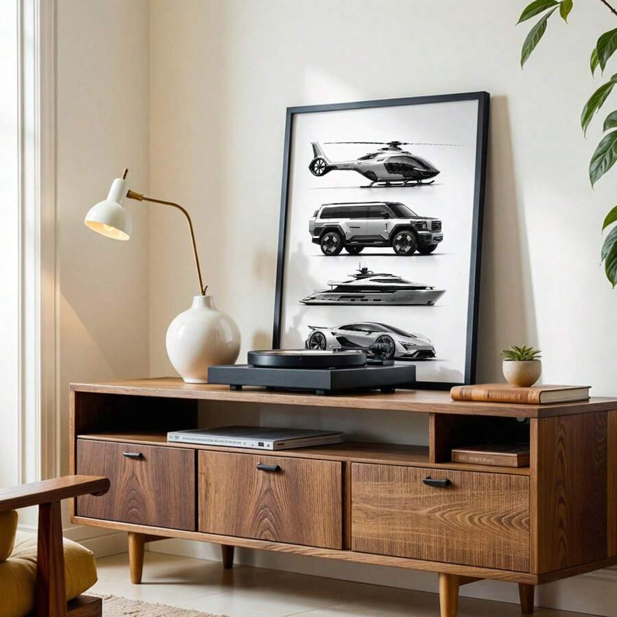 Cool Black & White Vehicle Supercar Yacht Helicopter Canvas Poster