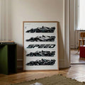 Wood framed SPEED racing poster leaning on a parquet floor