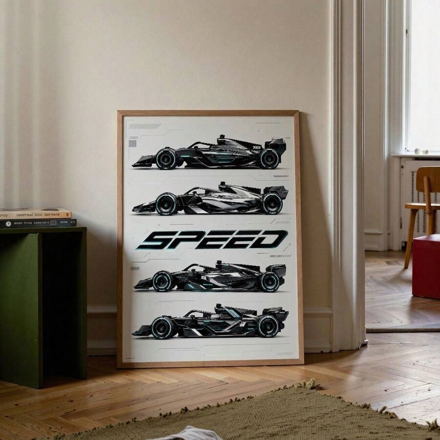 Wood framed SPEED racing poster leaning on a parquet floor