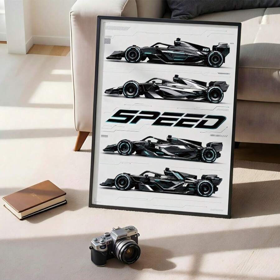 Black framed SPEED race car artwork beside a sunlit bedroom