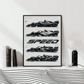 SPEED motorsport print displayed on a black and white console