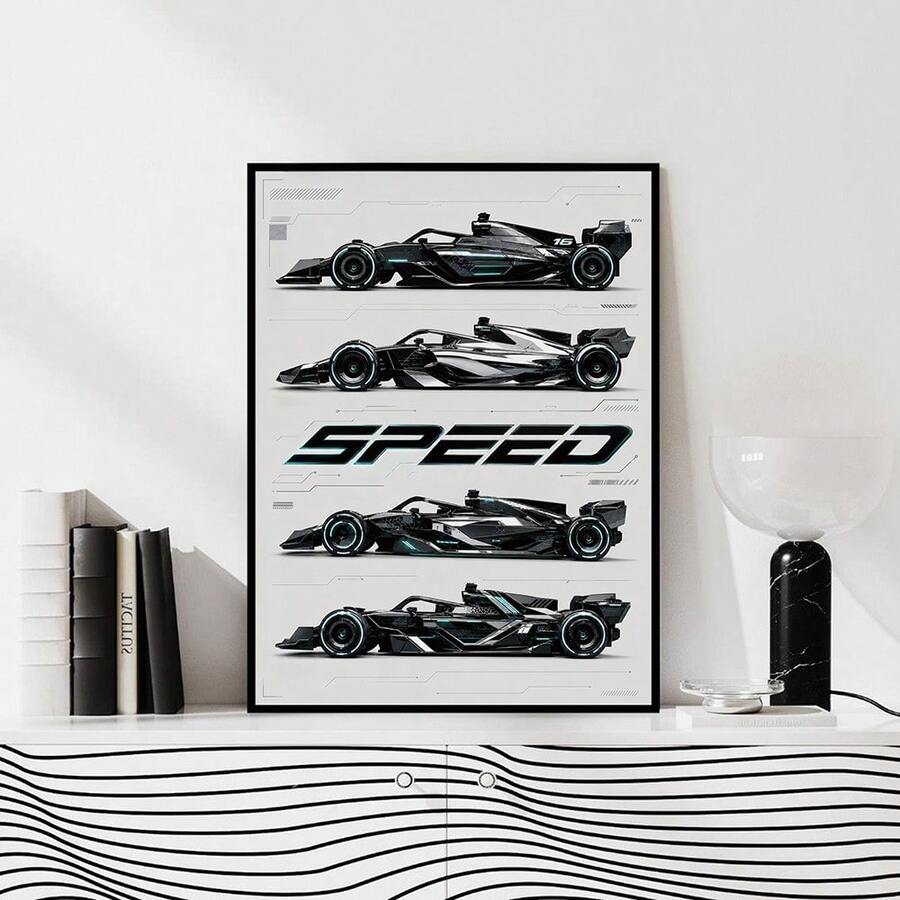 SPEED motorsport print displayed on a black and white console
