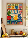 Botanical kitchen wall art with pitchers and potted plants
