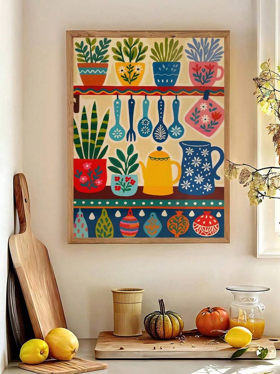 Botanical kitchen wall art with pitchers and potted plants