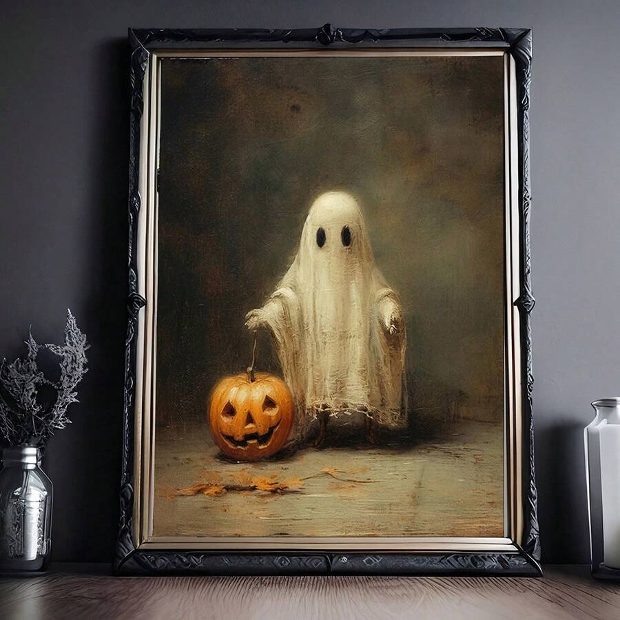 Framed vintage-style ghost holding jack-o-lantern artwork on a taupe wall