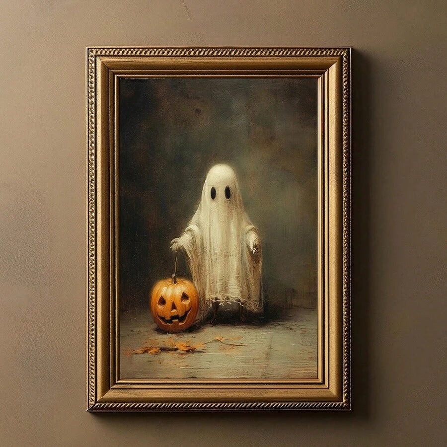 Framed vintage-style ghost holding jack-o-lantern artwork on a taupe wall