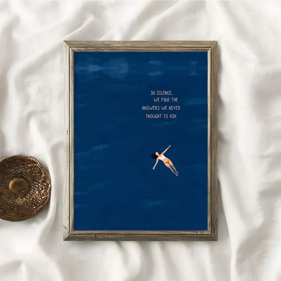Vertical navy quote print with floating woman in a weathered wood frame and fabric backdrop