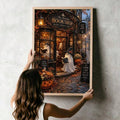 Dark academia bookstore artwork with warm amber lighting