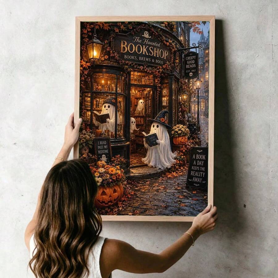 Dark academia bookstore artwork with warm amber lighting