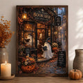 Whimsical ghost Halloween wall art with pumpkins and leaves