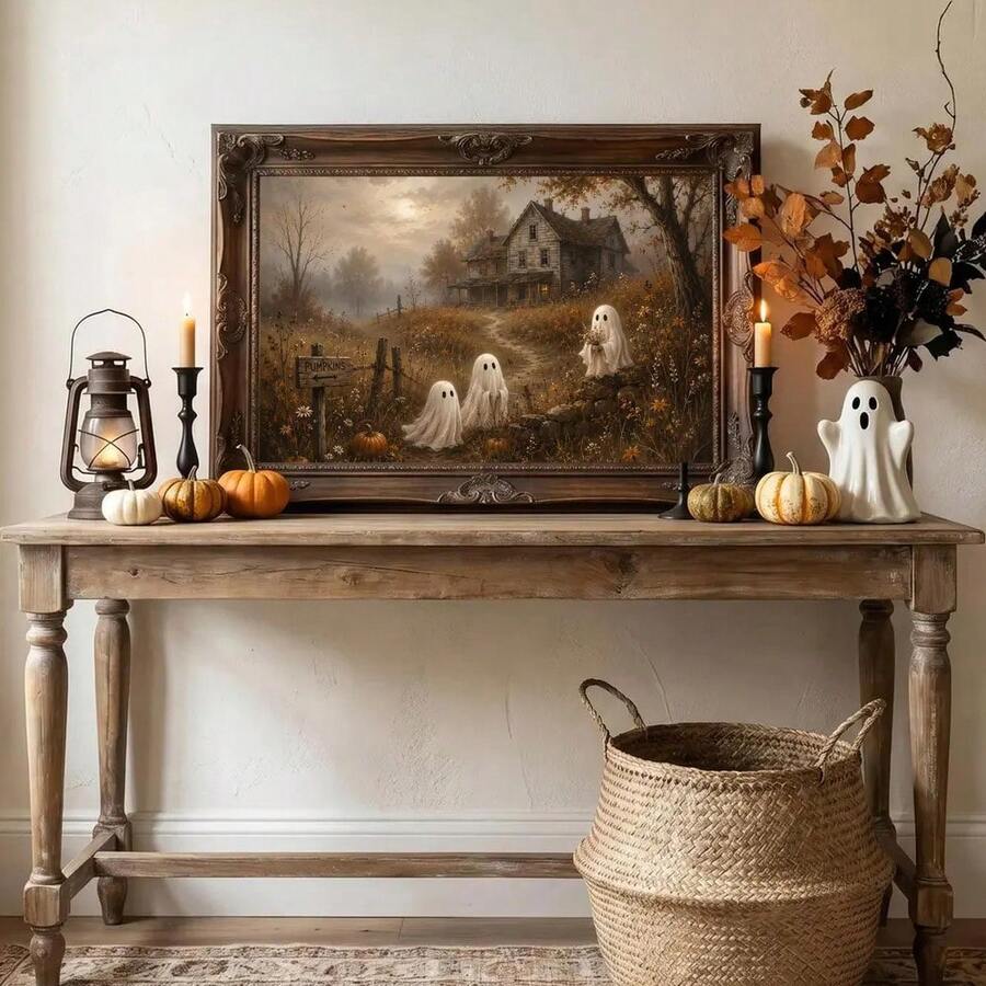 Vintage ghost cottage canvas print in a dark ornate frame above a Halloween console