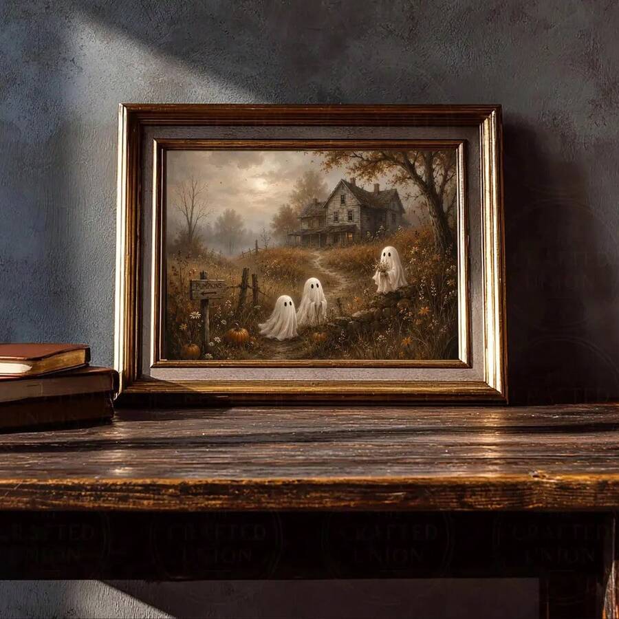 Vintage ghost cottage canvas print in a bronze-gold frame above a gothic desk