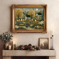 Vintage Halloween village print with pumpkins