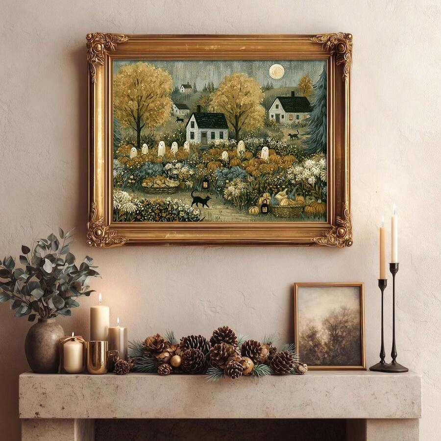 Vintage Halloween village print with pumpkins