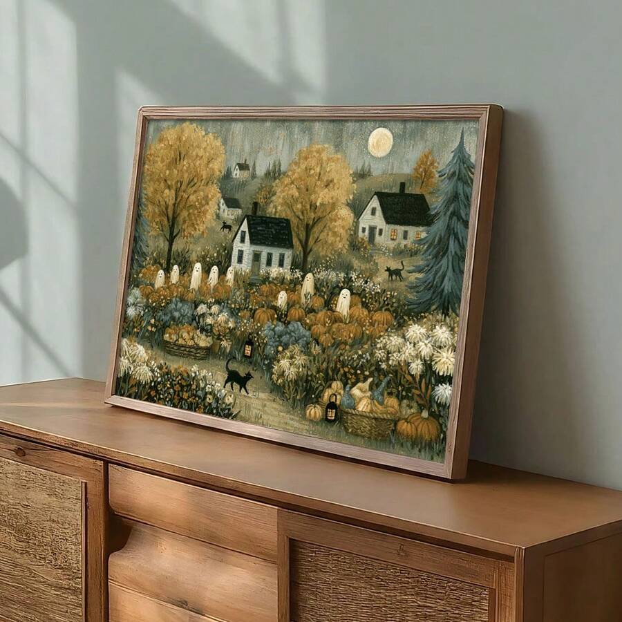 Rustic gothic ghost and cat canvas decor