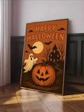 Spooky pumpkin and black cat poster styled with fall candles