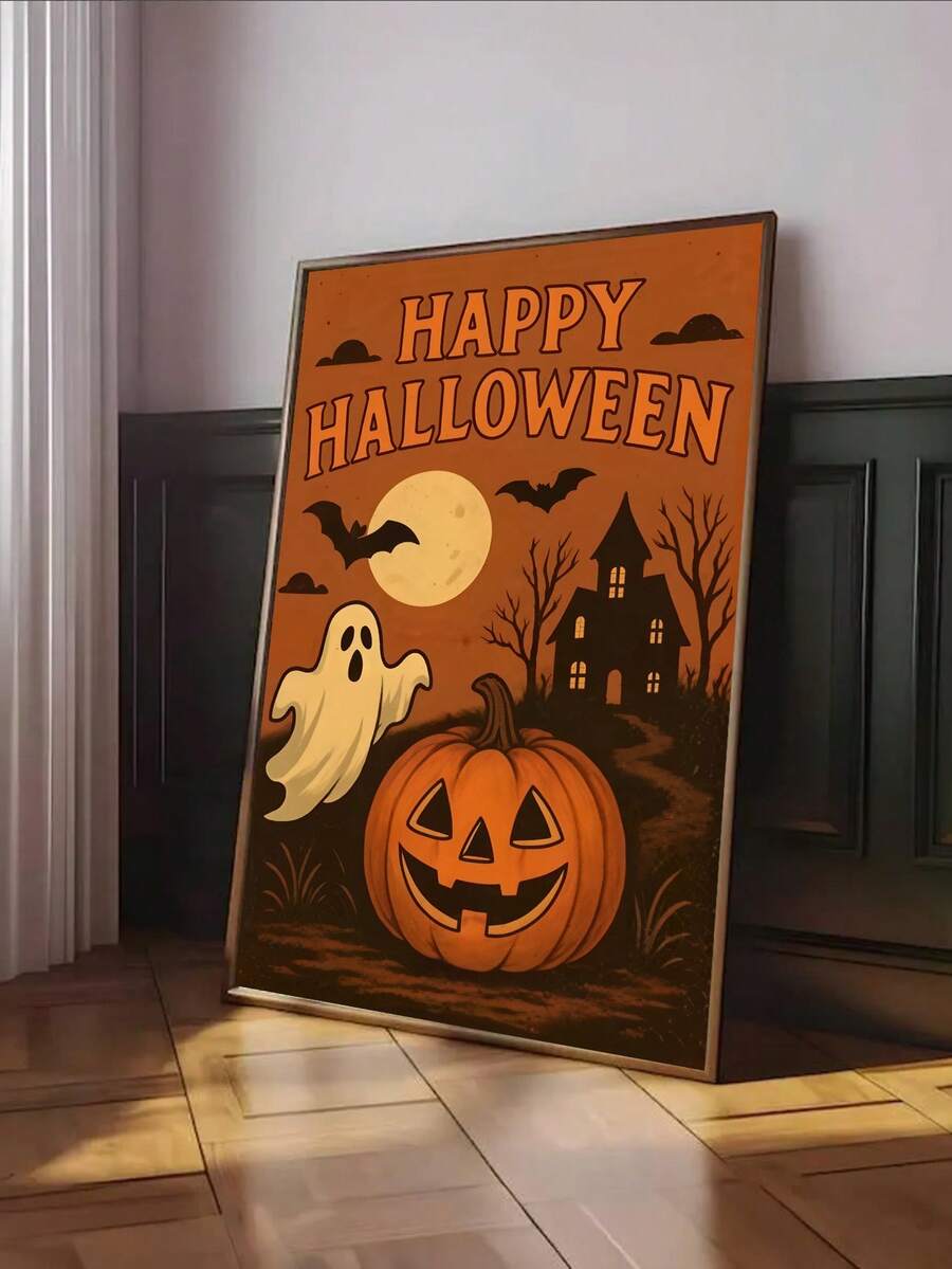 Spooky pumpkin and black cat poster styled with fall candles