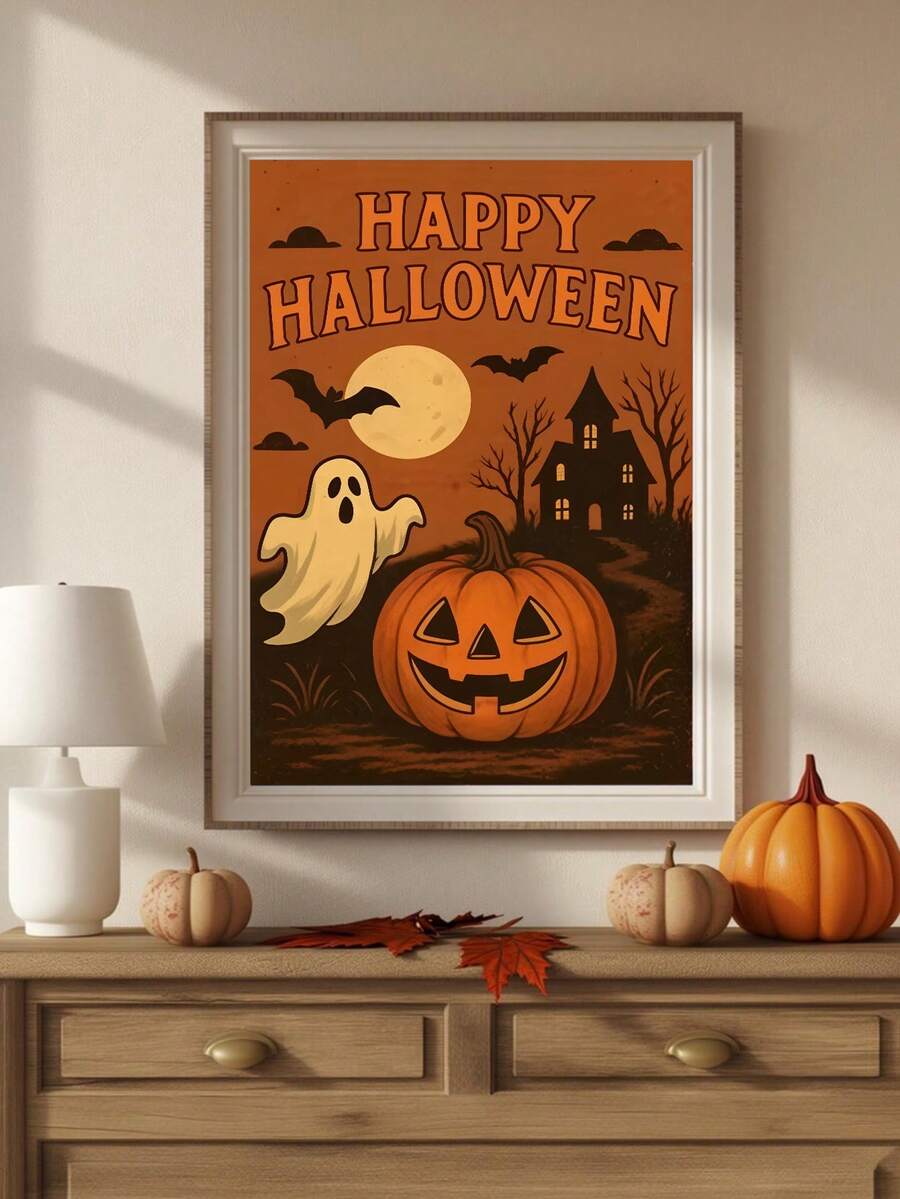 Framed Halloween wall art displayed above rustic mantel decor