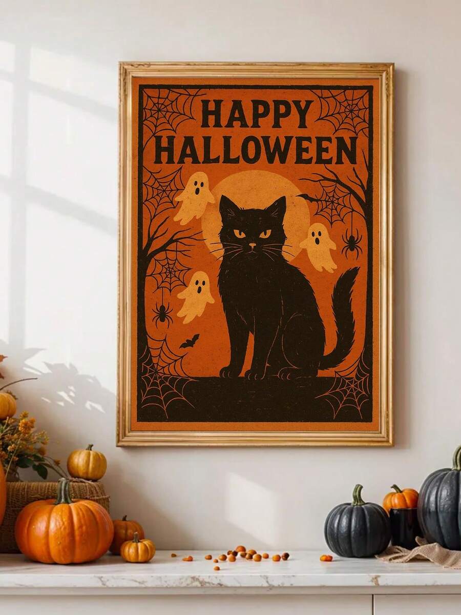 Halloween haunted house canvas poster shown in orange vintage room