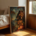 Framed moonlit Sleepy Hollow poster beside bed and wood window