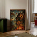 Framed Sleepy Hollow inn canvas with glowing pumpkins in bright entryway