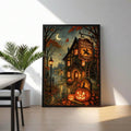 Dark framed Sleepy Hollow canvas with jack-o-lanterns beside indoor palm