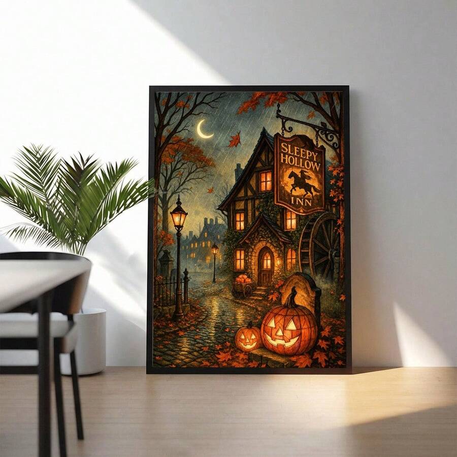 Dark framed Sleepy Hollow canvas with jack-o-lanterns beside indoor palm