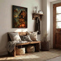 Gothic inn and pumpkin canvas displayed over rustic entryway bench
