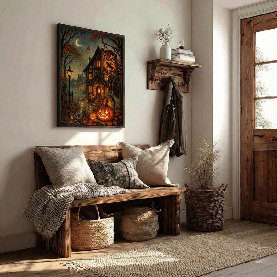 Gothic inn and pumpkin canvas displayed over rustic entryway bench