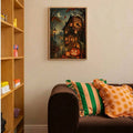 Sleepy Hollow Halloween wall art above brown sofa and colorful cushions