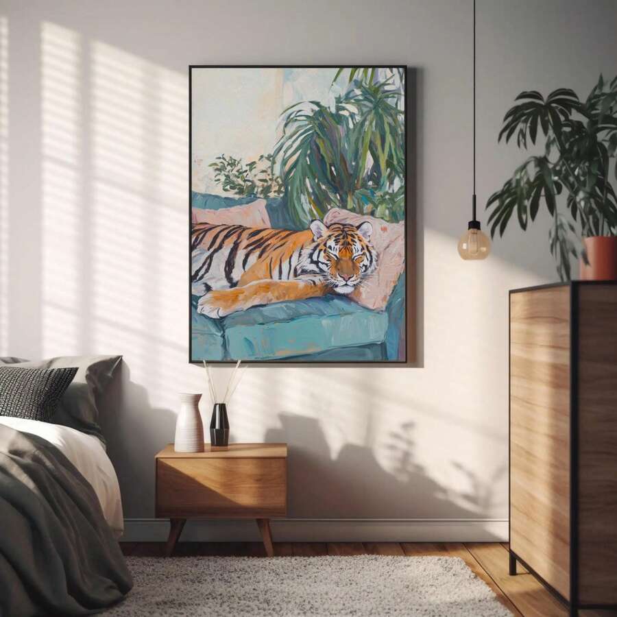 Black framed tiger canvas above a bedroom nightstand with leafy plants