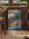 Wood-look framed tiger painting beside a woven rattan cabinet