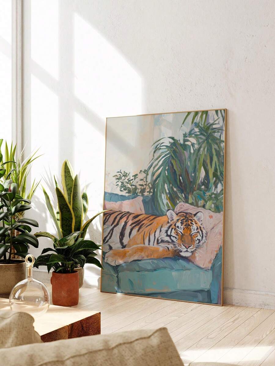Tiger canvas wall art leaning in a sunny indoor plant corner