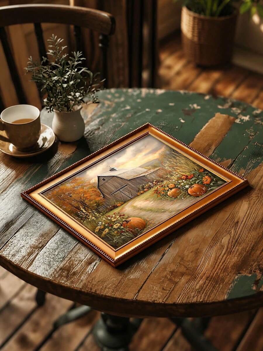 Farmhouse Pumpkin Barn Moody Fall Countryside Painting Canvas Poster