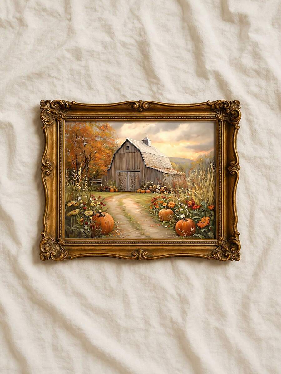 Farmhouse Pumpkin Barn Moody Fall Countryside Painting Canvas Poster