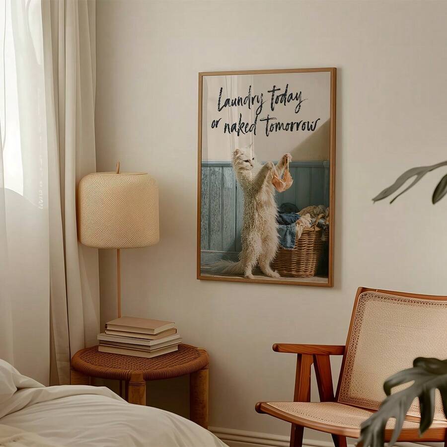 Wall-mounted white cat laundry art mockup above a woven side table