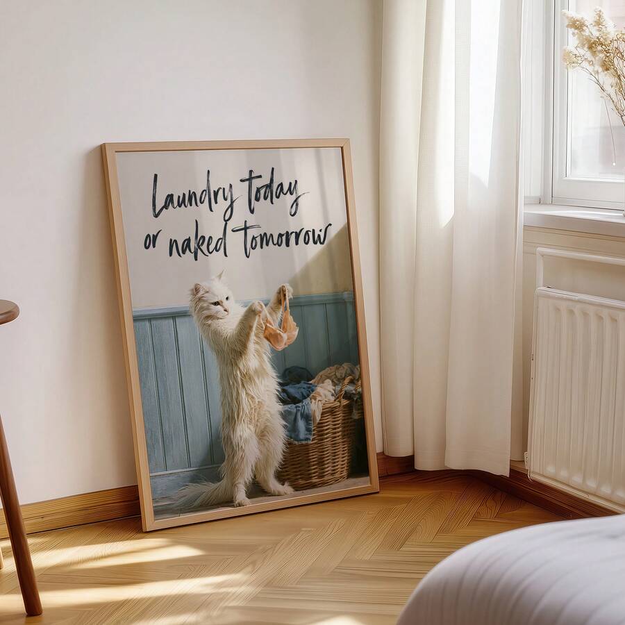White cat humor canvas artwork styled by a sunny bedroom window