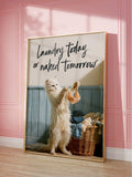 Oversized cat laundry room poster mockup against a pink paneled wall