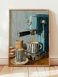 Framed painterly espresso machine artwork leaning on a pale wood floor