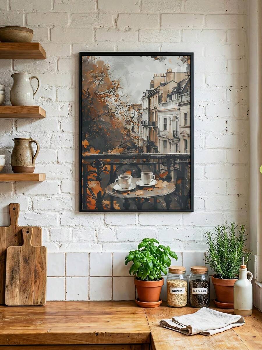 Wood framed autumn balcony coffee print leaning on a kitchen counter