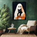 Ghost and black cat artwork above an armchair with plants and tea